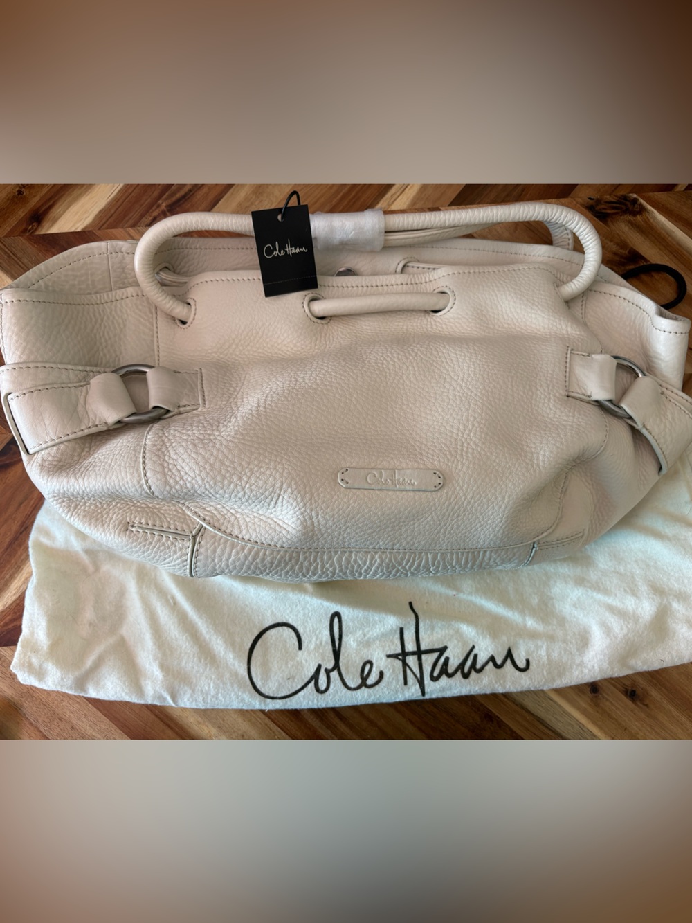 Cole Haan Cream Pebbled Leather Shoulder Bag Village Small Bucket Tote